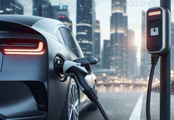 Electric car charging station, charging plug, modern electric car or EV, AI generated