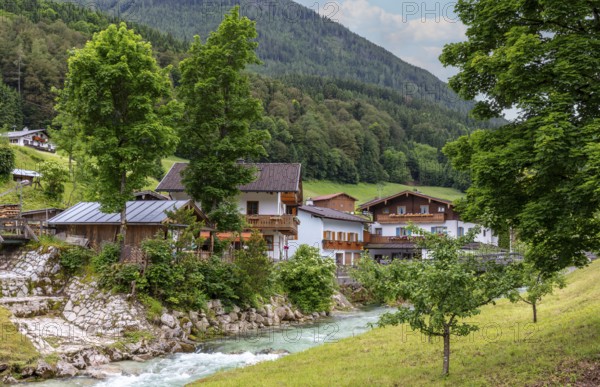 Holiday and residential houses on the Berchtesgadener Ache, Berchtesgaden, Bavaria, Germany, Europe