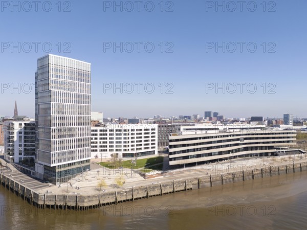 Aerial view of HafenCity HafenCity University Hamburg (HCU) under a clear and blue sky, HafenCity, Hamburg, Germany, Europe