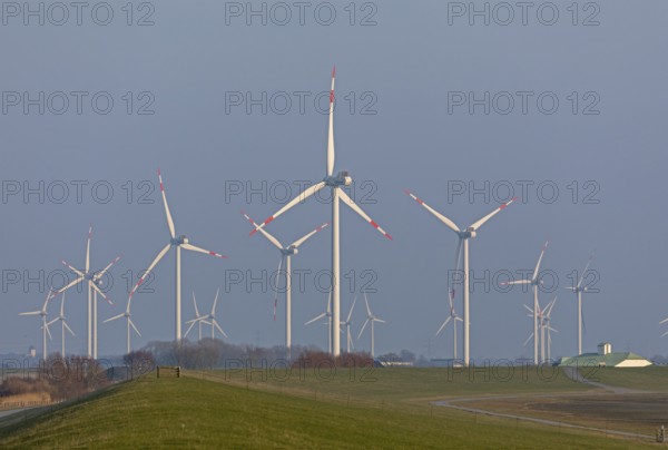 Wind farm, wind power plants, dyke, Reußenköge, North Frisia, Schleswig-Holstein, Germany, Europe