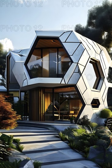 Modern residential house inspired by honeycomb hexagonal patterns, AI generated