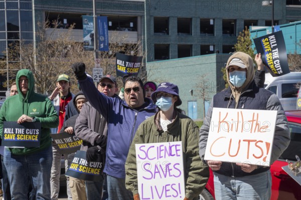 Detroit, Michigan USA - 8 April 2025 - Labor unions hold a 'Kill the Cuts' rally at Wayne State University, protesting Trump administration cuts to research, health care, and higher education. It was one of a many coordinated rallies across the United States