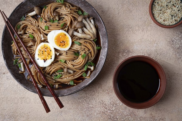 Buckwheat noodles, soba, with shimeji mushrooms, boiled egg, green onion, homemade, no people