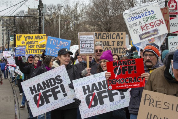 Detroit, Michigan USA - 5 April 2025 - A 'Hands Off' demonstration protests the Trump Administration's cuts to government programs. It was one of hundreds of coordinated protests across the United States