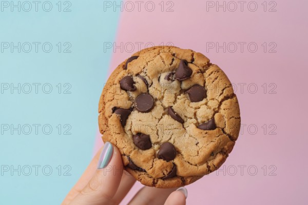 Woman's hand holding single chocolate chip cookie in front of pastel pink and blue background. Generative AI, AI generated