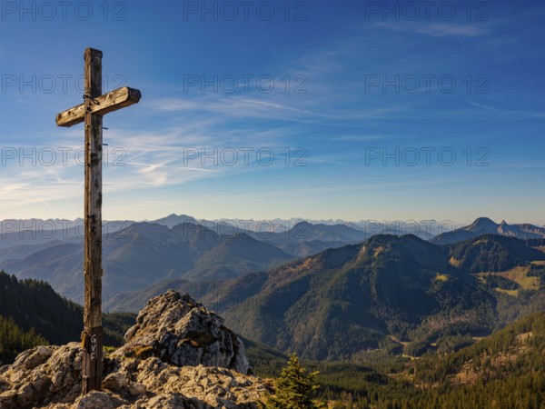 Summit cross of the Taubenstein, view of mountain panorama, behind Karwendel and Zugspitze, Mangfall mountains, Spitzingsee, Upper Bavaria, Bavaria, Germany, Europe