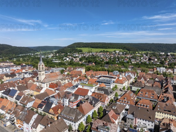 Aerial view of the city centre of Tuttlingen with the Protestant church of St. Peter and Paul, district of Tuttlingen, Black Forest, Baar, Heuberg, Baden-Württemberg, Germany, Europe