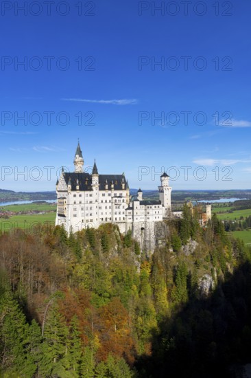 Picturesque view of Neuschwanstein Castle with towers and surrounding forests, Schwangau, Ostallgäu, Allgäu, Swabia, Upper Bavaria, Bavaria, Germany, Europe