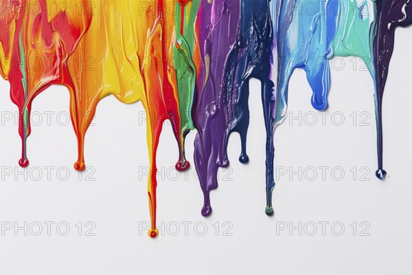 Thick acrylic or oil paint colors dripping from white wall. KI generiert, generiert, AI generated