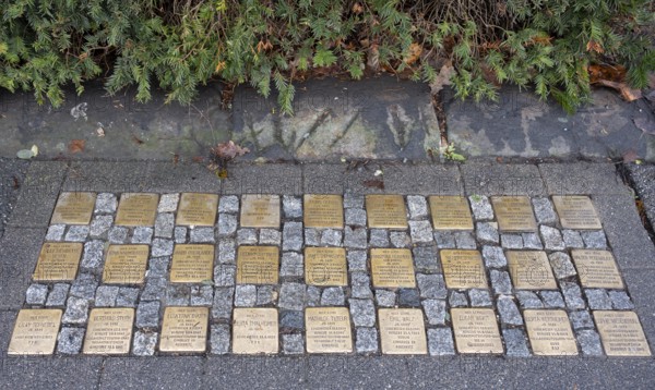 Stolpersteine, copper memorial plaques of murdered Jewish citizens during the Nazi era, Maximiliansplatz, Erlangen, Middle Franconia, Bavaria, Germany, Europe