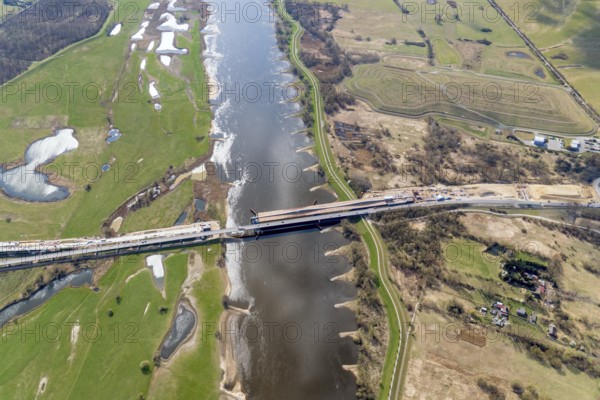 Elbe bridge, Wittenberge, Elbe bridge, state of construction, federal motorway 14, BAB A14, Elbe, construction site, river, new construction, aerial view, bridge, bridge construction, Brandenburg, Germany, Europe