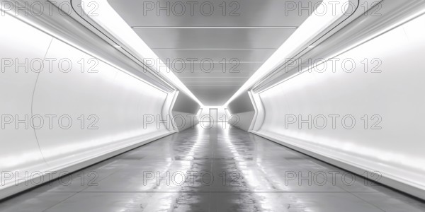 Futuristic long bright white hallway. Generative AI, AI generated