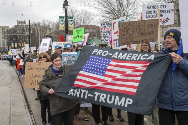 Detroit, Michigan USA - 5 April 2025 - A 'Hands Off' demonstration protests the Trump Administration's cuts to government programs. It was one of hundreds of coordinated protests across the United States