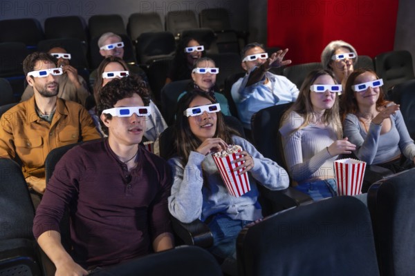 People of diverse ages wearing 3d glasses, eating popcorn, and watching a movie in a cinema, experiencing entertainment together