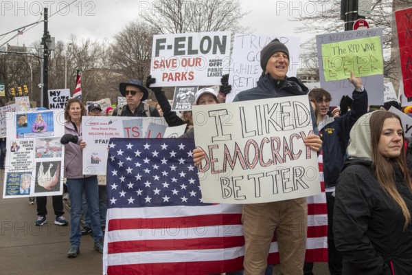 Detroit, Michigan USA - 5 April 2025 - A 'Hands Off' demonstration protests the Trump Administration's cuts to government programs. It was one of hundreds of coordinated protests across the United States