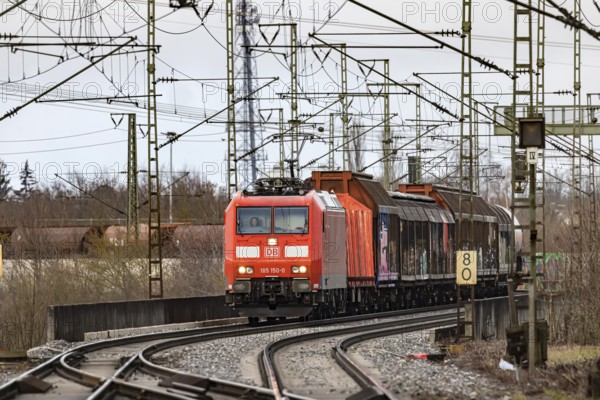 Goods train travelling on the winding Schuster Railway, overhead lines and infrastructure. Stuttgart, Baden-Württemberg, Germany, Europe