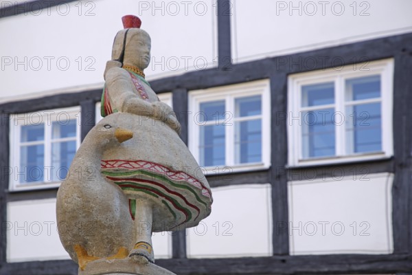 Schwälmer fountain with Little Red Riding Hood and goose figure, Gänseliesel, fairy tale figure, traditional traditional costume, skirt, detail, Alsfeld, Vogelsberg, Hesse, Germany, Europe