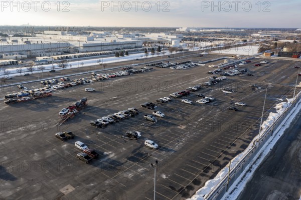 Detroit, Michigan - The relatively empty Cassens Transport Connor Yard where the carhaul company moves Stellantis vehicles to car dealers. Following the departure of CEO Carlos Tavares on December 1, Stellantis decided to cut its inventory of new vehicles by 100, 000 as part of its turnaround plan