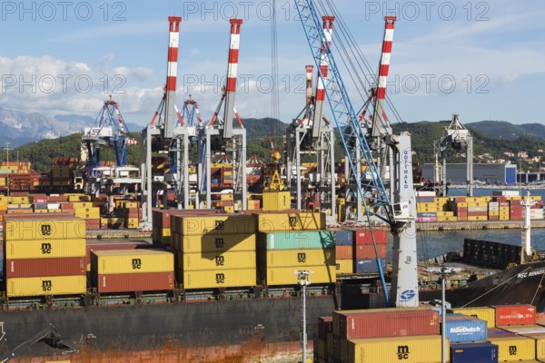 High angle view of gantry stacked MSC, TEX and NileDutch metal box shipping containers loaded onto MSC Renaissance III cargo ship in La Spezia cargo Port, Italy, Europe