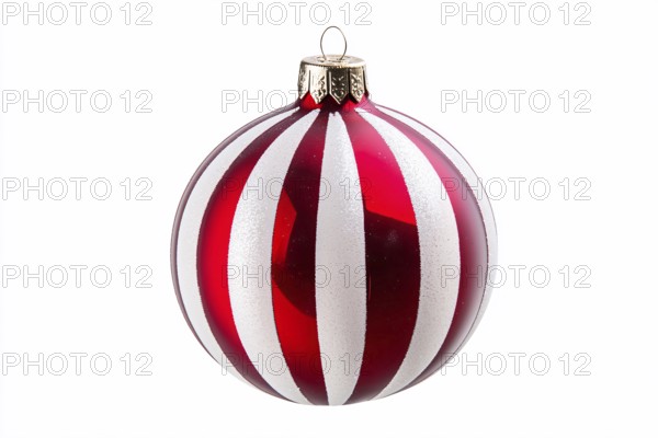 Single red and white striped Christmas bauble ornament on white background. Generative Ai, AI generated