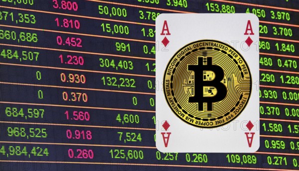 Symbolic image, Bitcoin as an ace in a pack of cards, stock market prices, insecure digital currency, resources, energy, industry, economy critical, stock market hype, stock market crash, payment, insolvency, wrong decisions, maximum profit, profit slump, share prices, Germany as a business location, global economy, globalisation, environmental protection, mafia, Trump government, Bitcoin rally, cryptocurrency, electronic wallet, crypto reserve, price development, stock market trading