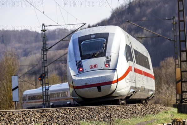 Deutsche Bahn AG ICE en route on the Swabian Alb near Amstetten, Baden-Württemberg, Germany, Europe