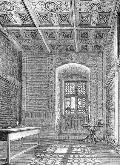 Martin Luther's monastery cell in the 13th century Augustinian monastery in Erfurt, Luther's time as a monk 1505-1511, interior, windows with stained glass, tables, decorated wooden ceiling, historical illustration 1883