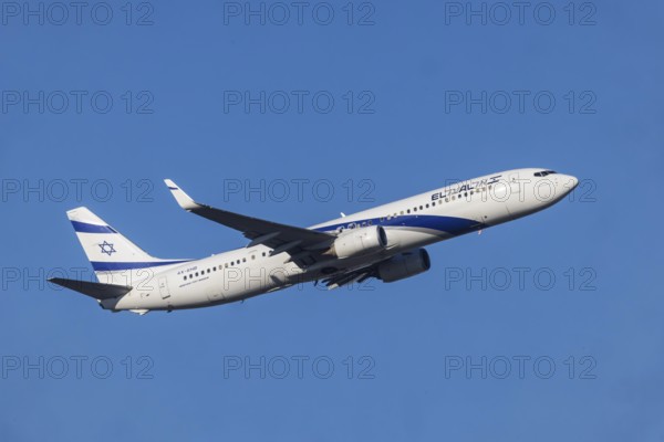 Aircraft climbing after take-off at Fraport Airport. Aircraft registration: 4X-EHB, Boeing 737, El Al Israel Airlines. Frankfurt am Main, Hesse, Germany, Europe