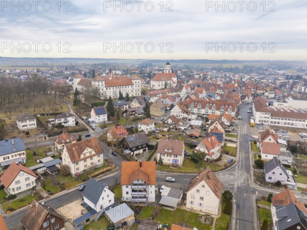 Overview of a charming town with a dominant church tower in the middle of a quiet neighbourhood, Meßkirch, district of Sigmaringen, Germany, Europe