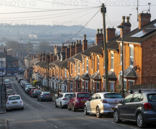 Victorian terraced housing with small front gardens, Arboretum Avenue, inner city of Lincoln, Lincolnshire, England, UK