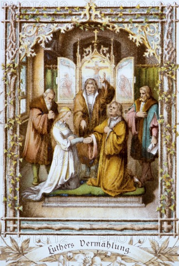 Luther marries Katharina von Bora in 1499, wedding scene in front of the altar in the church, altar wings opened, priest blesses the two, witnesses to the marriage stand next to them, picture with inscription and ornamentation, stations from Dr Martin Luther's life, coloured illustration ca. 1890