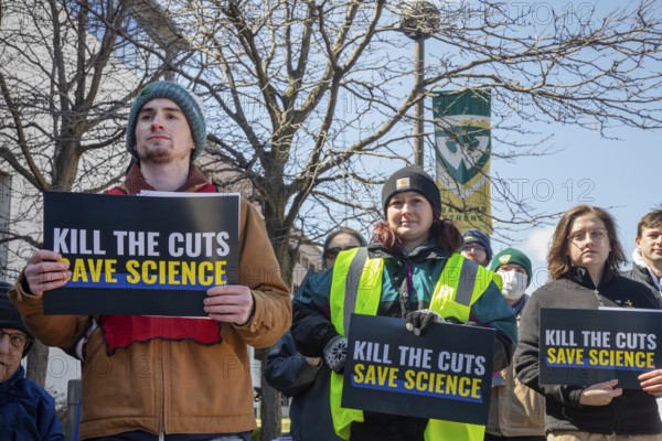 Detroit, Michigan USA - 8 April 2025 - Labor unions hold a 'Kill the Cuts' rally at Wayne State University, protesting Trump administration cuts to research, health care, and higher education. It was one of a many coordinated rallies across the United States