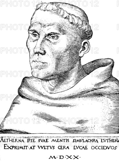 Portrait, Martin Luther as a monk, Erfurt Monastery of the Augustinian Order, after a copperplate engraving by Lucas Cranach 1520, Reformer, Protestant, historical illustration 1883