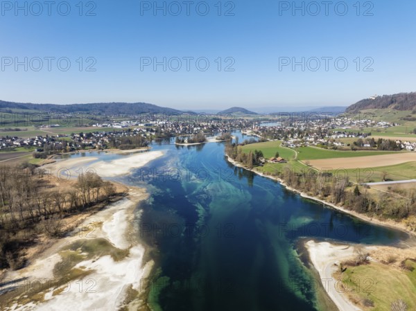 Aerial view of Lake Constance at low tide, Untersee, also known as Lake Rhine, which flows into the Rhine at Stein am Rhein Öhningen, district of Constance, Baden-Württemberg, Germany, Europe