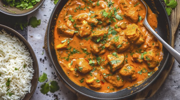 Tikka Masala Vegan, Indian Mushroom Curry served with rice and garnished with fresh coriander, KI generated, AI generated