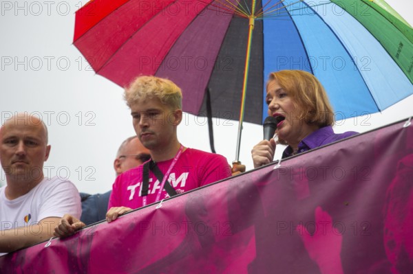 Berlin, Germany. July 27th, 2024. Minister for families Lisa Paus speaks at the opening of the Christopher Street Day demo