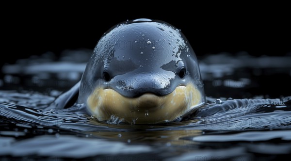 Vaquita porpoise or cochito (Phocoena sinus) with a calm expression emerging from dark rippling water, ai generated, AI generated