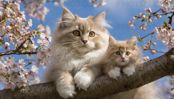 KI generated, animal, animals, mammal, mammals, cat, felidae (Felis catus), pedigree cat, pedigree cats, a cream-coloured Main Coon cat resting in a fruit tree, tree blossom, mother cat with kitten