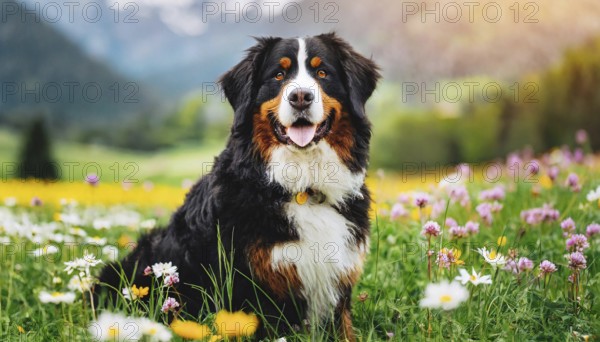 Ai generated, animal, animals, mammal, mammals, biotope, habitat, one, single animal, wildlife, Bernese mountain dog, Bernese, mountain dog, dog, domestic dogs (Canis lupus familiaris), dog oasis, mountain dogs, Switzerland, spring, flower meadow, Europe