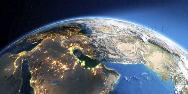 Highly detailed Earth with atmosphere, exaggerated relief and light-flooded cities. Transition from night to day. Persian Gulf countries. 3D rendering. Elements of this image furnished by NASA