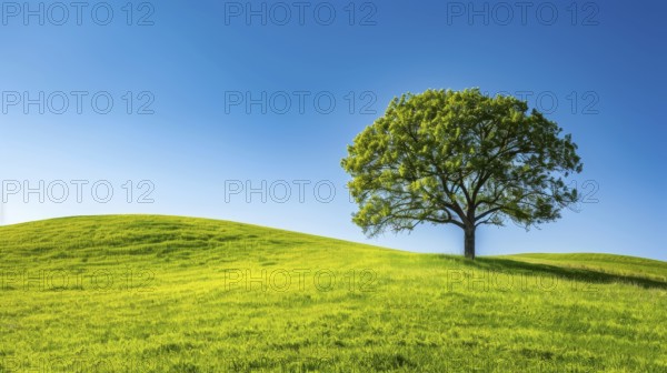 Tranquil and minimalistic scene of a tree on a green hill under a clear blue sky, ai generated, AI generated