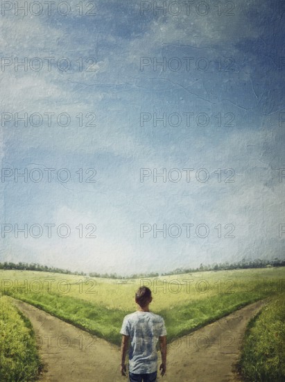 Conceptual painting with a doubtful person at a crossroad choosing the correct path between left and right. The road to success, way choice concept. Difficult decision, life dilemma