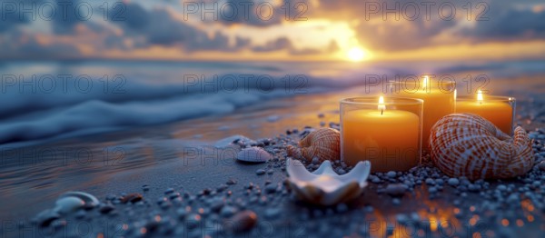 Relaxing beach scene at sunset with candles and seashells, creating a soothing atmosphere with orange and blue shades, AI generated