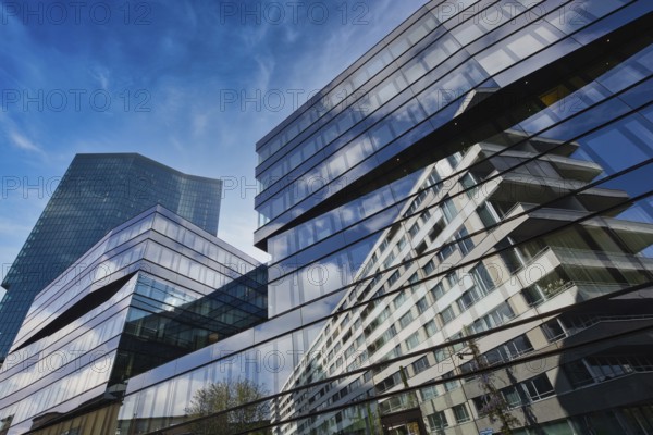 Modern glass building with impressive reflection of the blue sky in the city, Prime Tower, Zurich, glass façade, reflections, Canton of Zurich, Switzerland, Europe