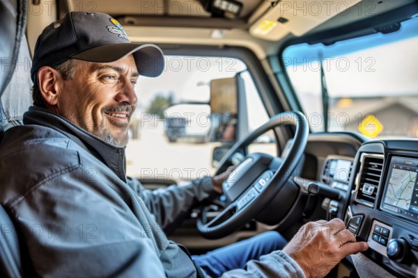 Relaxed driver smiles while operating the navigation system in the truck, AI generated, AI generated