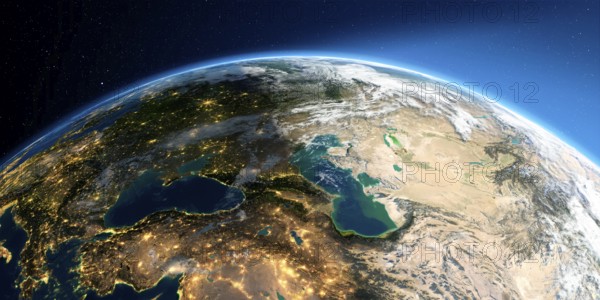 Highly detailed Earth with atmosphere, exaggerated relief and light-flooded cities. Transition from night to day. Europe. Caucasus and the Caspian Sea. 3D rendering. Elements of this image furnished by NASA
