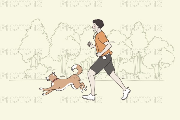 Spending time and sport with pets concept. Young smiling man running jogging in park with his dog running aside having fun and doing training together vector illustration Abstract vector wall art background. Minimalistic abstract wall art background for print. Scandinavian vector style