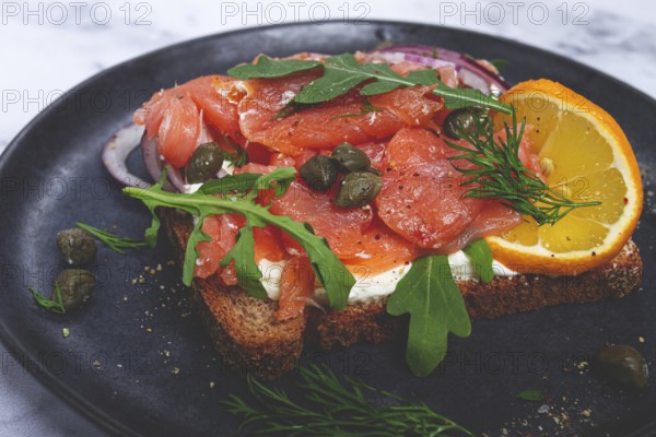 Sandwich with freshly smoked salmon, on black bread, with cottage cheese, with herbs and red onions, capers and pieces of citrus fruits, on a marble countertop, breakfast, no people