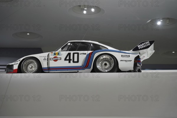 A Porsche 935 with Martini Racing design, on display in the museum, New Porsche Museum 2009, Stuttgart, Baden-Württemberg, Germany, Europe
