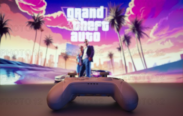 A close-up of a white gamepad with the Grand Theft Auto VI seen on screen in the background. GTA VI is an upcoming video game in development by Rockstar Games